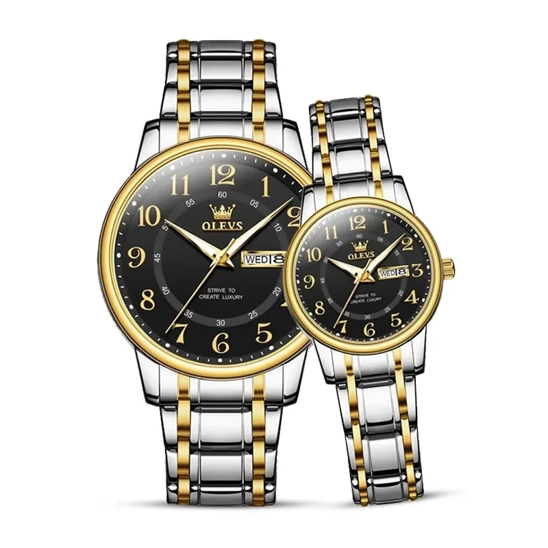 Olevs Black Dial Two-tone Couple Watch | 2891